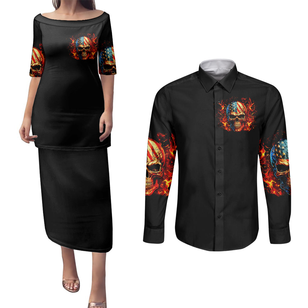 Fire Skull Couples Matching Puletasi Dress and Long Sleeve Button Shirts My Demon Hide Inside My Head - Wonder Print Shop