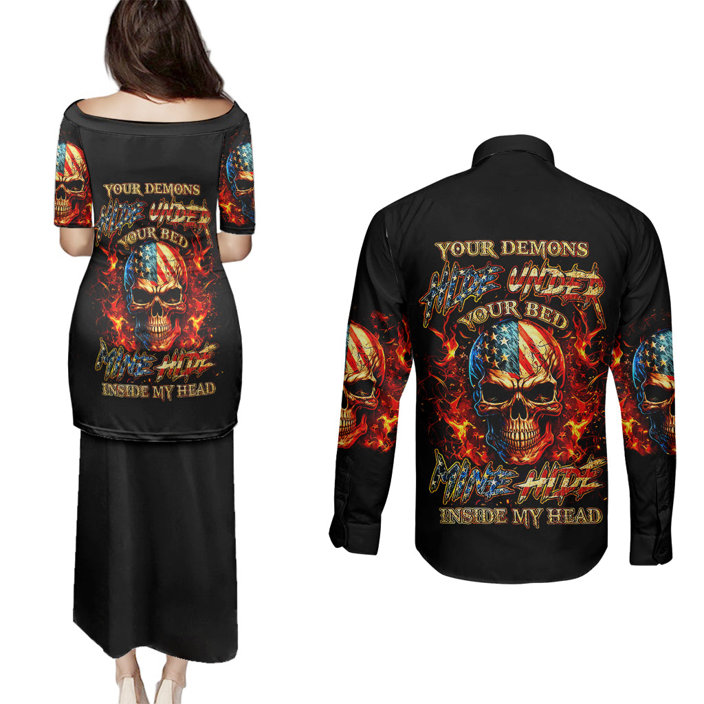 Fire Skull Couples Matching Puletasi Dress and Long Sleeve Button Shirts My Demon Hide Inside My Head - Wonder Print Shop