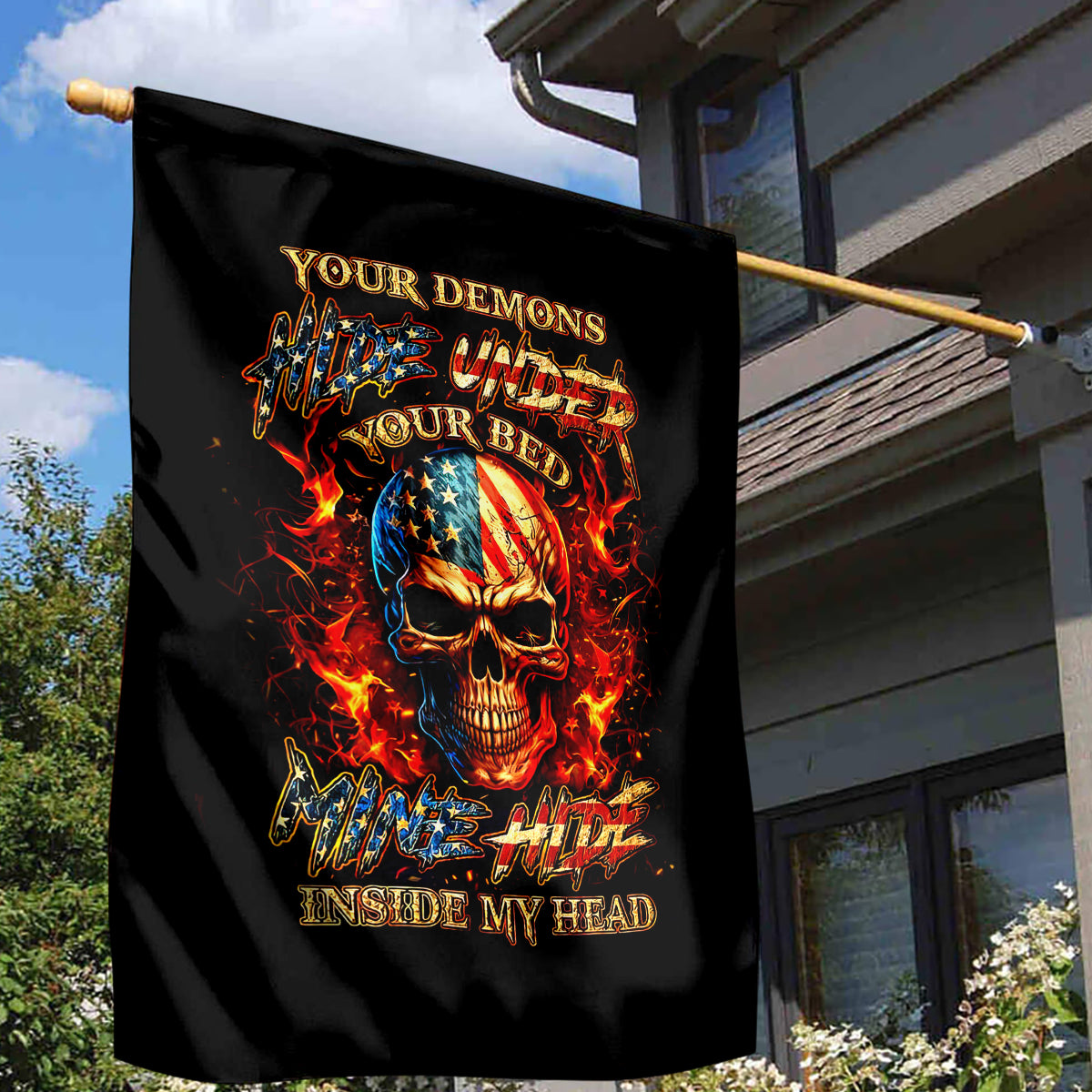 Fire Skull Garden Flag My Demon Hide Inside My Head - Wonder Print Shop