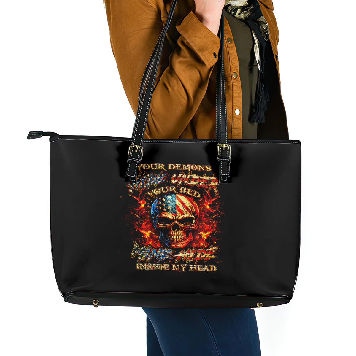 Fire Skull Leather Tote Bag My Demon Hide Inside My Head - Wonder Print Shop