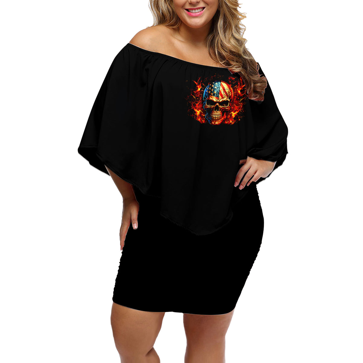 Fire Skull Off Shoulder Short Dress My Demon Hide Inside My Head - Wonder Print Shop