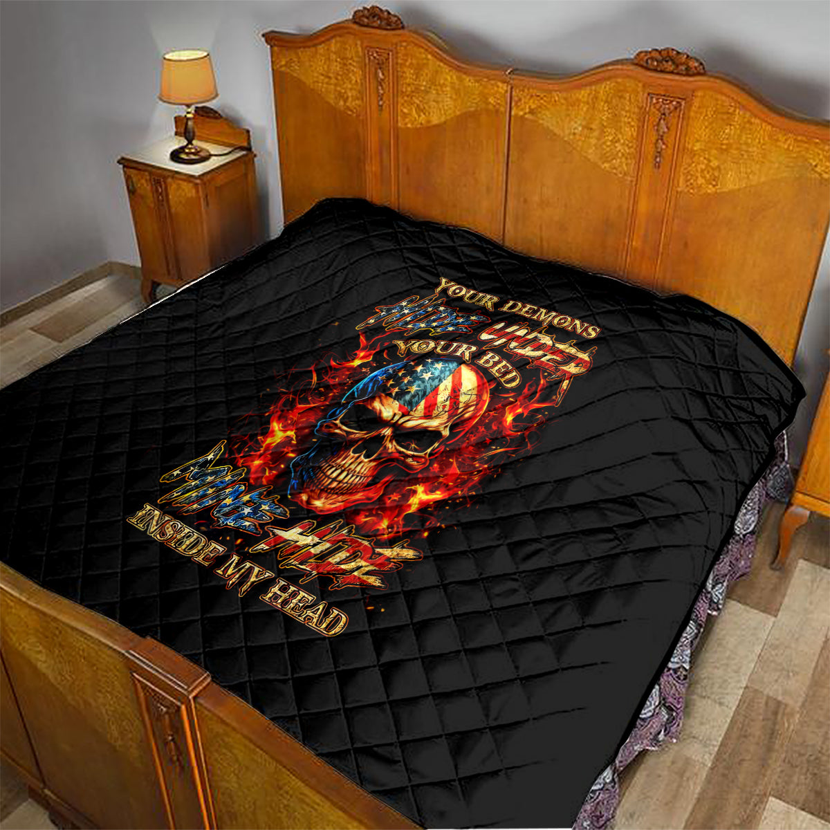 Fire Skull Quilt My Demon Hide Inside My Head - Wonder Print Shop