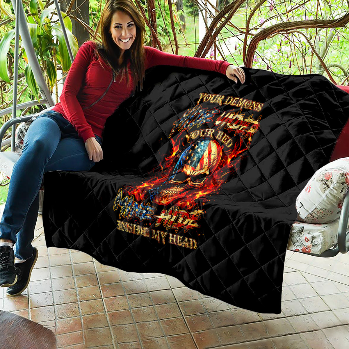 Fire Skull Quilt My Demon Hide Inside My Head - Wonder Print Shop