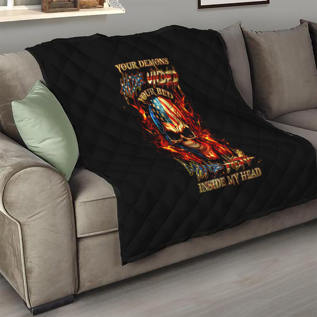 Fire Skull Quilt My Demon Hide Inside My Head - Wonder Print Shop