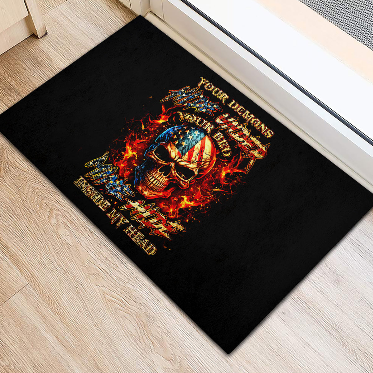 Fire Skull Rubber Doormat My Demon Hide Inside My Head - Wonder Print Shop