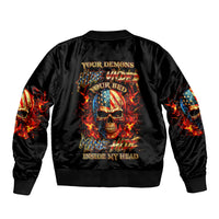 Fire Skull Sleeve Zip Bomber Jacket My Demon Hide Inside My Head - Wonder Print Shop