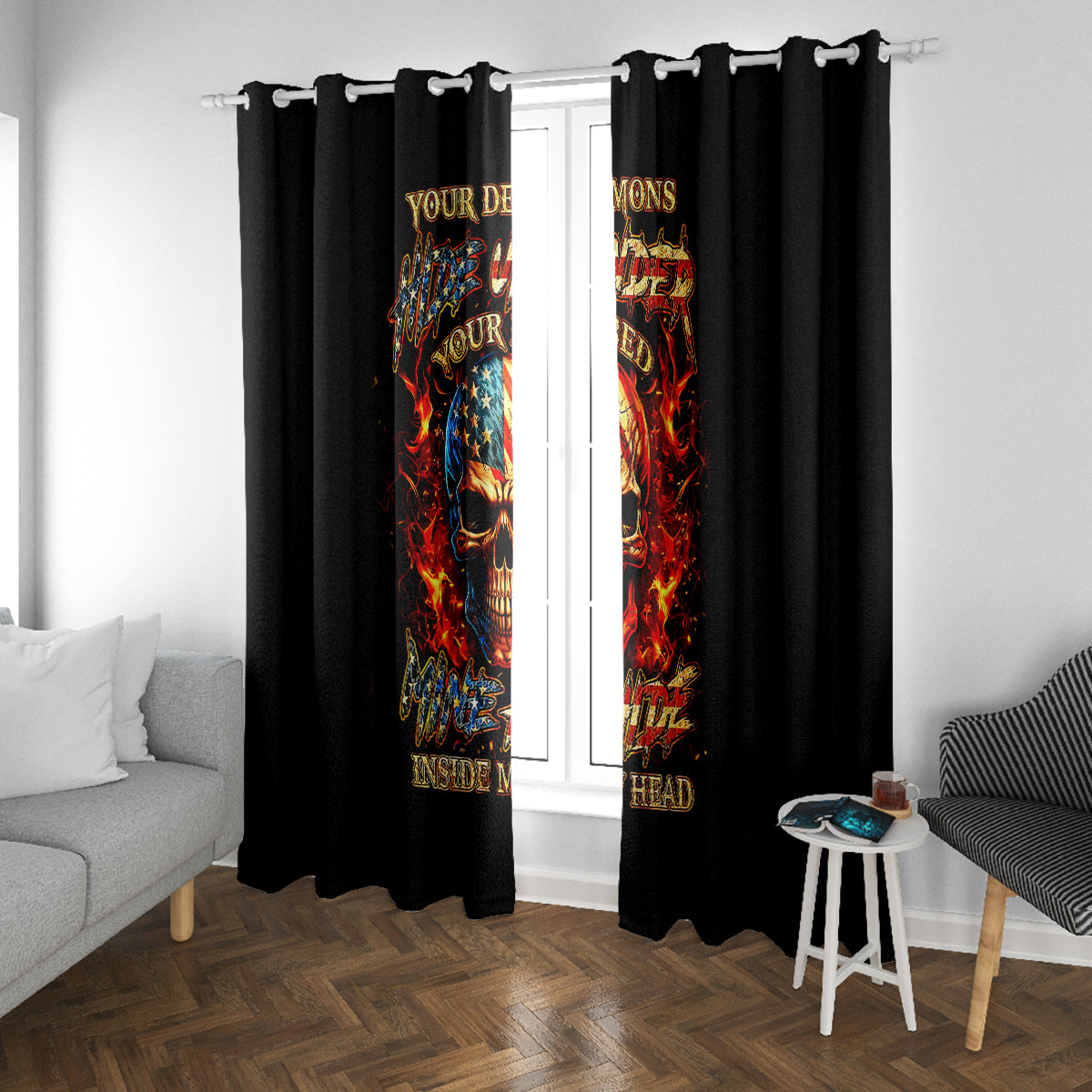Fire Skull Window Curtain My Demon Hide Inside My Head - Wonder Print Shop
