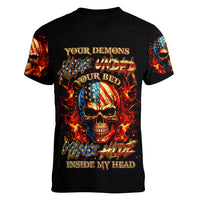 Fire Skull Women V Neck T Shirt My Demon Hide Inside My Head - Wonder Print Shop