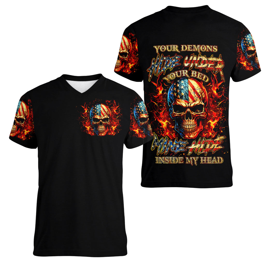 Fire Skull Women V Neck T Shirt My Demon Hide Inside My Head - Wonder Print Shop