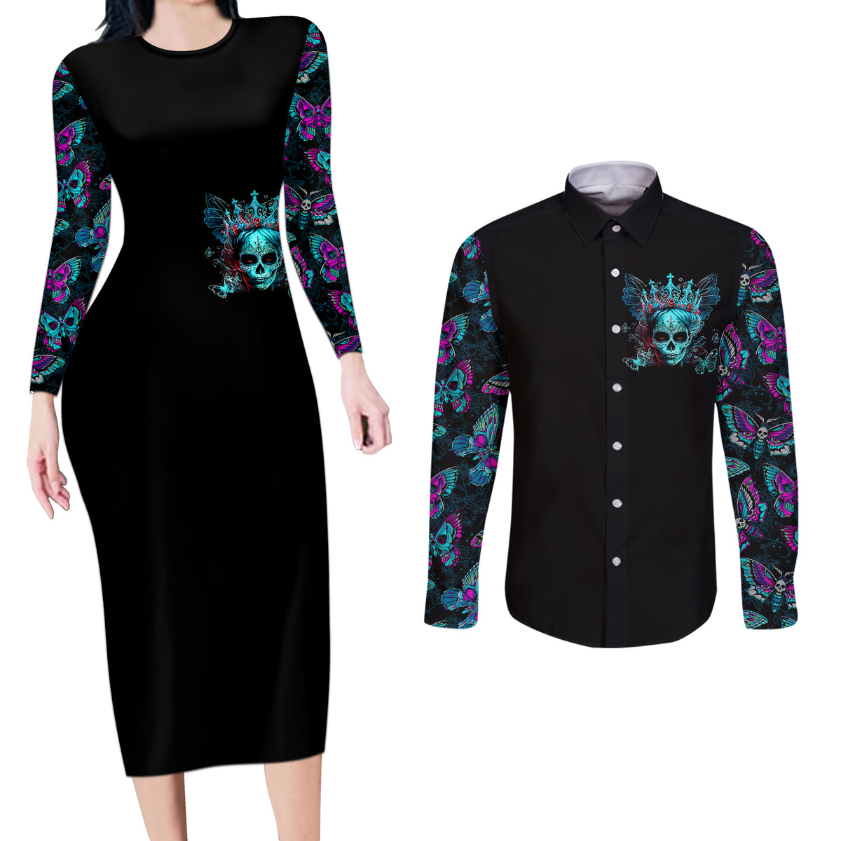 Día de los Muertos Skull Couples Matching Long Sleeve Bodycon Dress and Long Sleeve Button Shirts I'm Not A Princess I'm The Queen - Wonder Print Shop