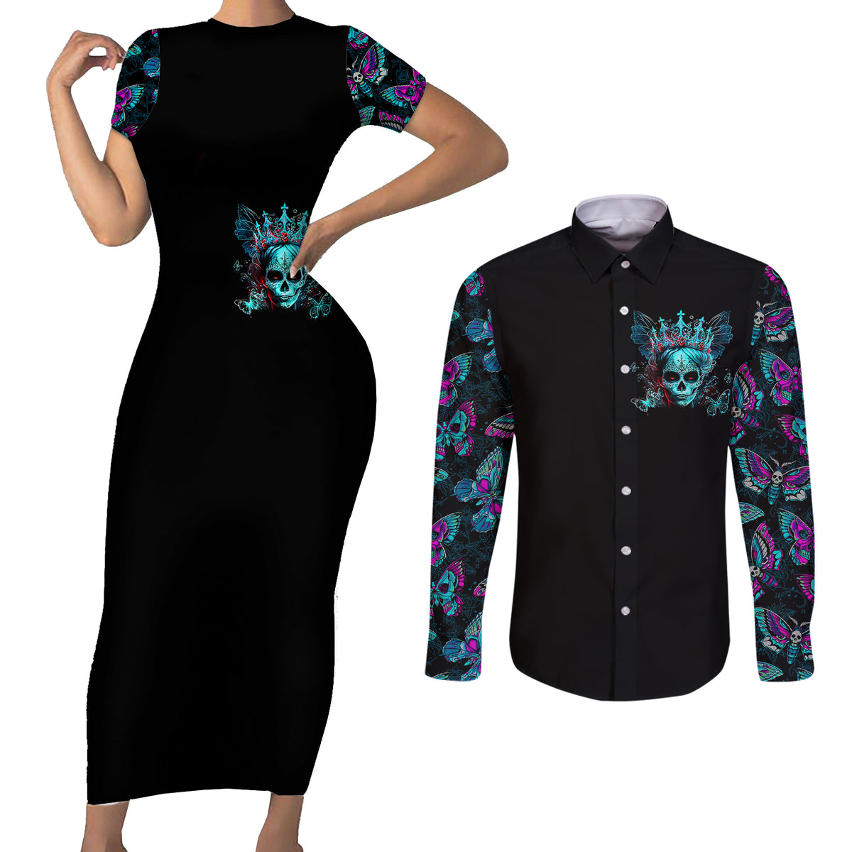 Día de los Muertos Skull Couples Matching Short Sleeve Bodycon Dress and Long Sleeve Button Shirts I'm Not A Princess I'm The Queen - Wonder Print Shop