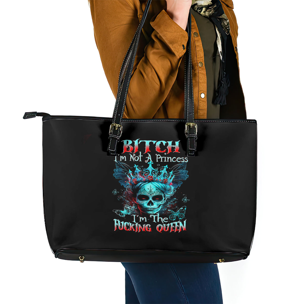 Da de los Muertos Skull Leather Tote Bag I'm Not A Princess I'm The Queen - Wonder Print Shop