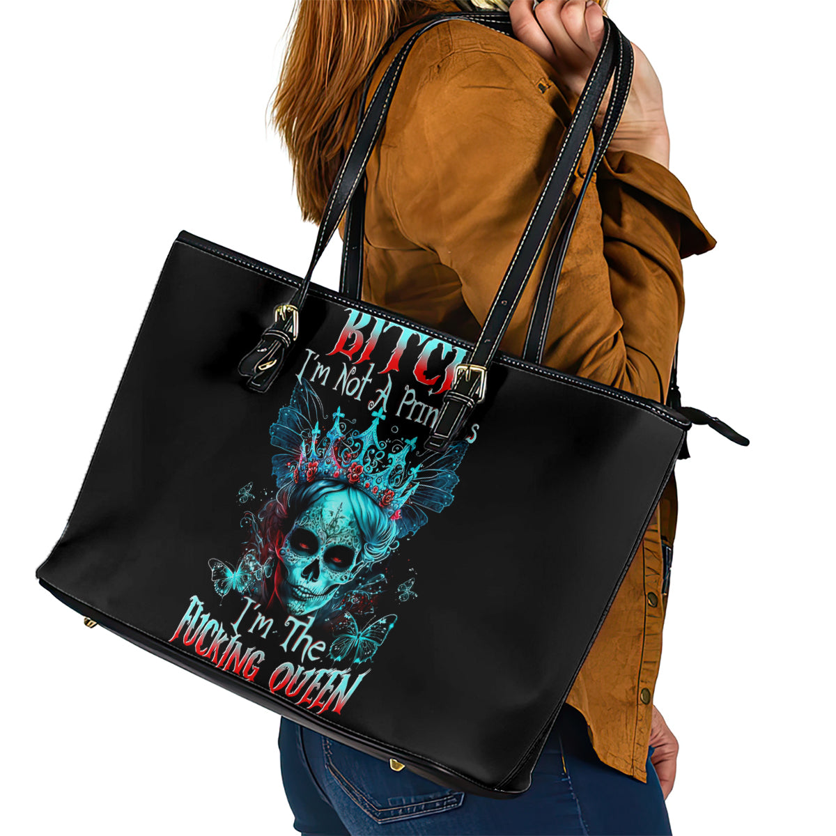 Da de los Muertos Skull Leather Tote Bag I'm Not A Princess I'm The Queen - Wonder Print Shop