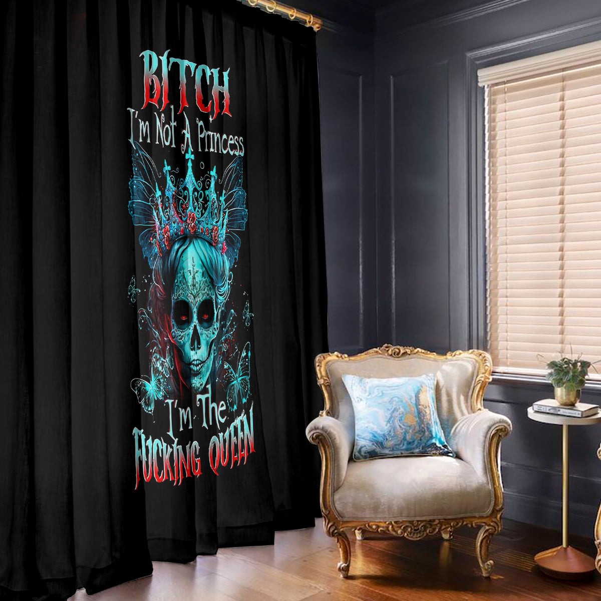 Da de los Muertos Skull Window Curtain I'm Not A Princess I'm The Queen - Wonder Print Shop