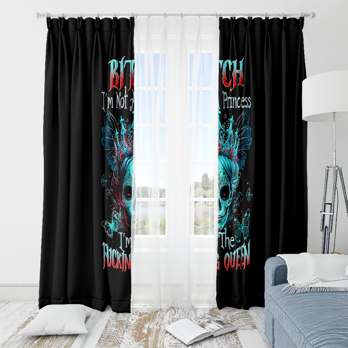 Da de los Muertos Skull Window Curtain I'm Not A Princess I'm The Queen - Wonder Print Shop