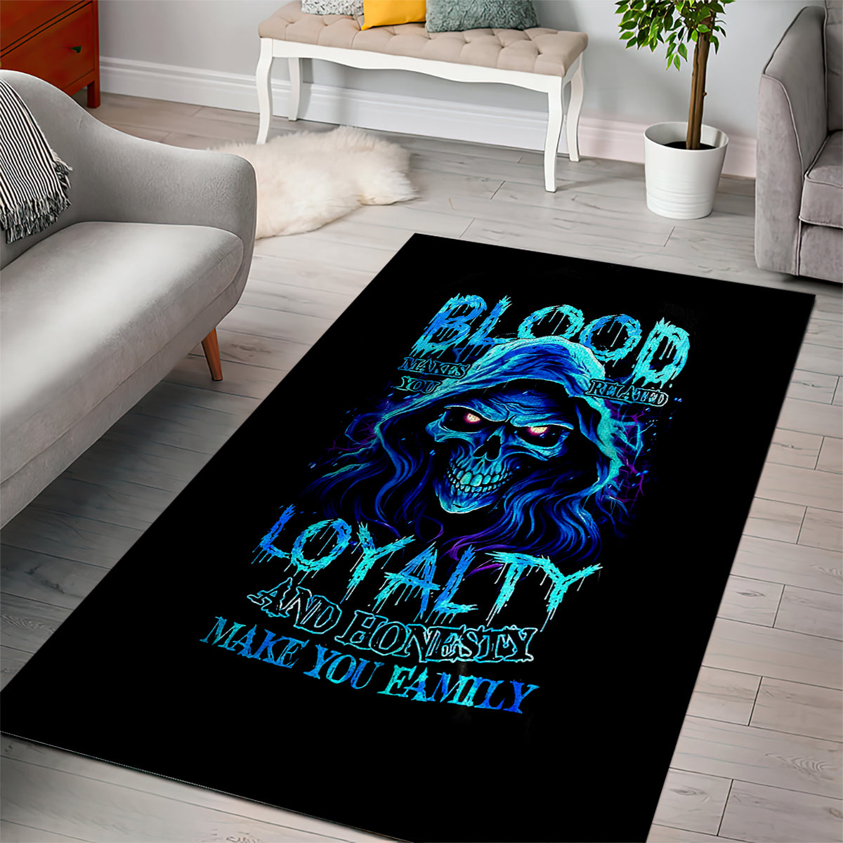 Blue Flame Skull Area Rug Blood Make You Related - Wonder Print Shop