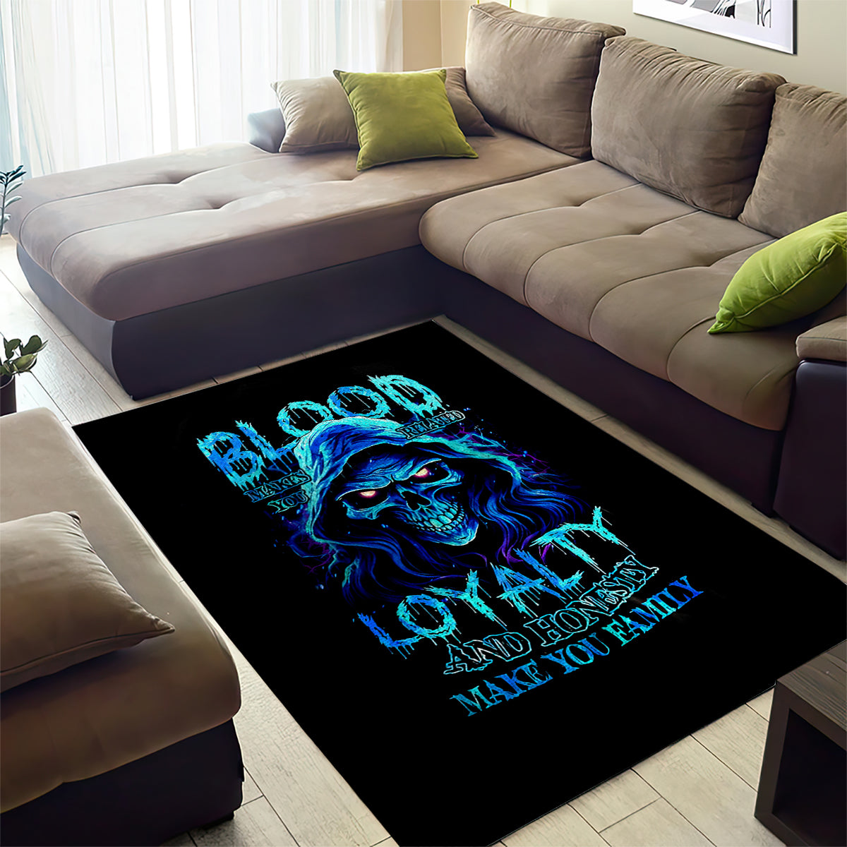 Blue Flame Skull Area Rug Blood Make You Related - Wonder Print Shop