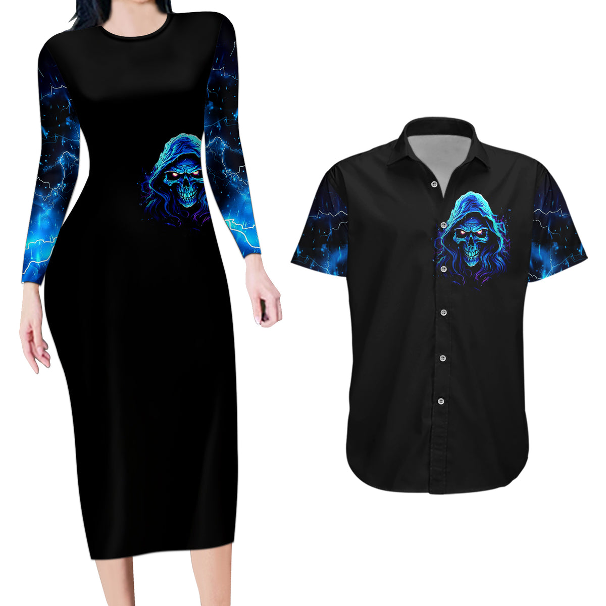 Blue Flame Skull Couples Matching Long Sleeve Bodycon Dress and Hawaiian Shirt Blood Make You Related - Wonder Print Shop