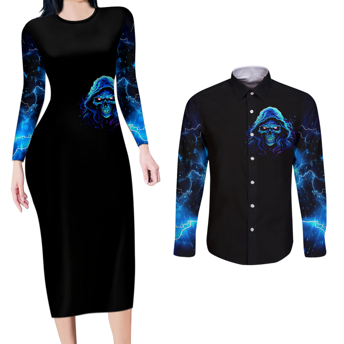 Blue Flame Skull Couples Matching Long Sleeve Bodycon Dress and Long Sleeve Button Shirts Blood Make You Related - Wonder Print Shop