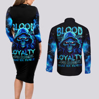 Blue Flame Skull Couples Matching Long Sleeve Bodycon Dress and Long Sleeve Button Shirts Blood Make You Related - Wonder Print Shop