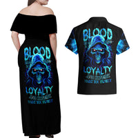 Blue Flame Skull Couples Matching Off Shoulder Maxi Dress and Hawaiian Shirt Blood Make You Related - Wonder Print Shop