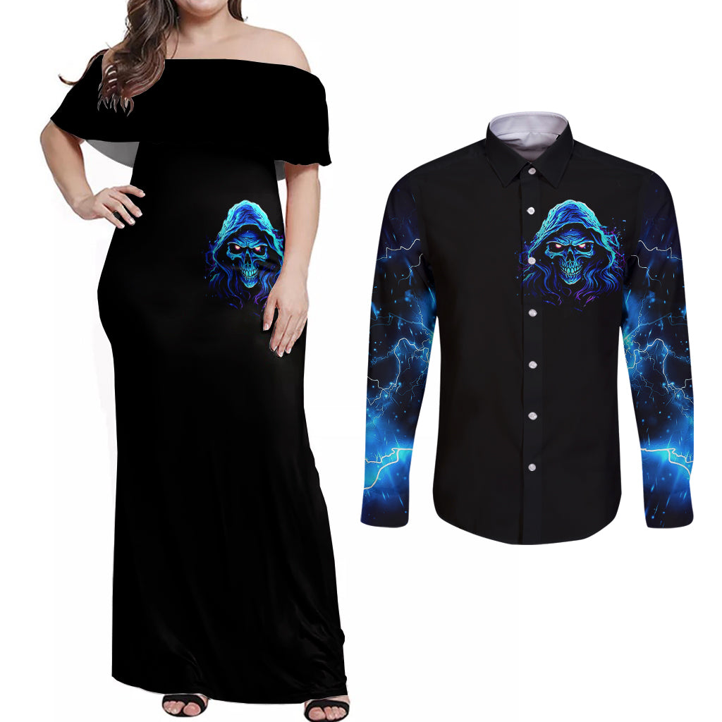 Blue Flame Skull Couples Matching Off Shoulder Maxi Dress and Long Sleeve Button Shirts Blood Make You Related - Wonder Print Shop