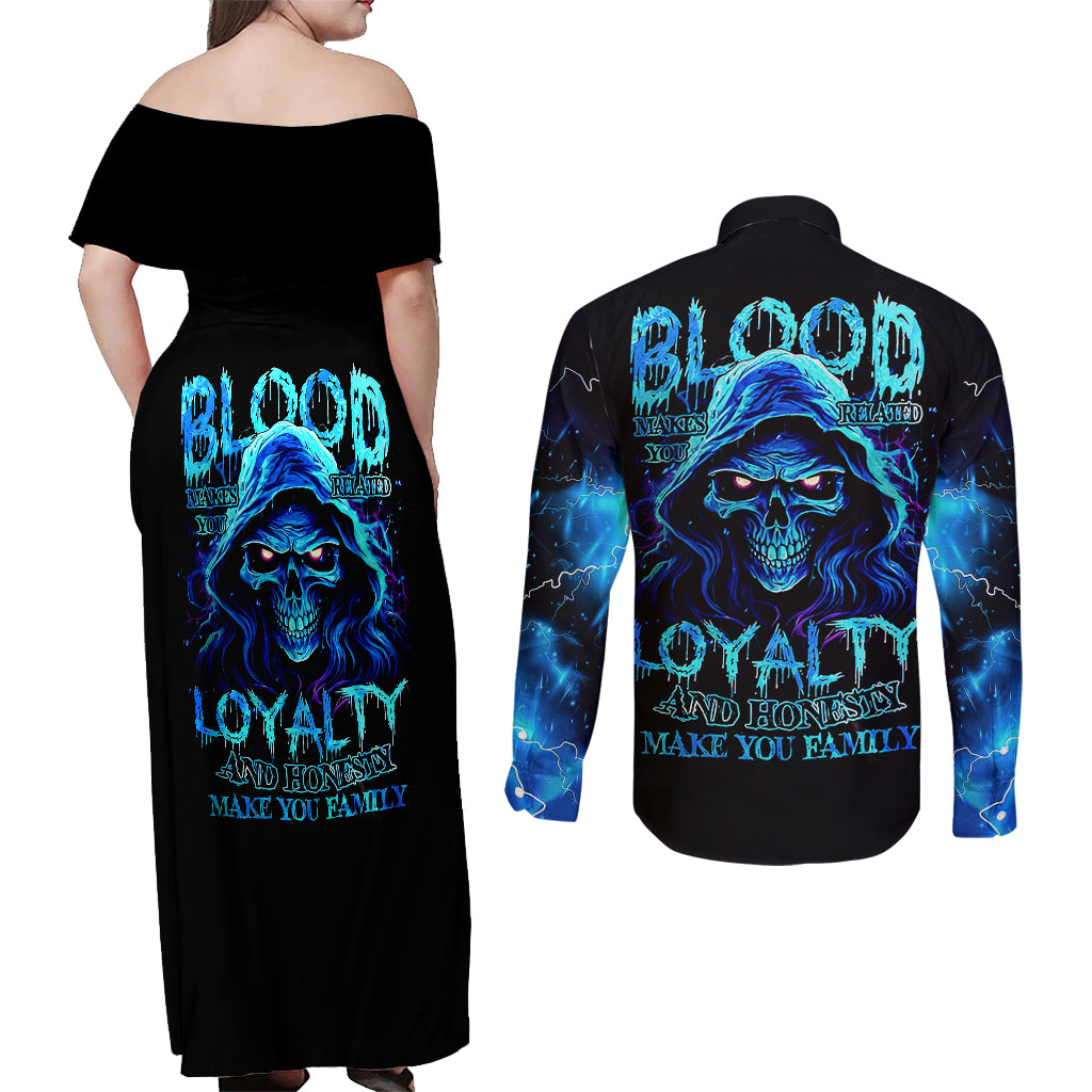 Blue Flame Skull Couples Matching Off Shoulder Maxi Dress and Long Sleeve Button Shirts Blood Make You Related - Wonder Print Shop