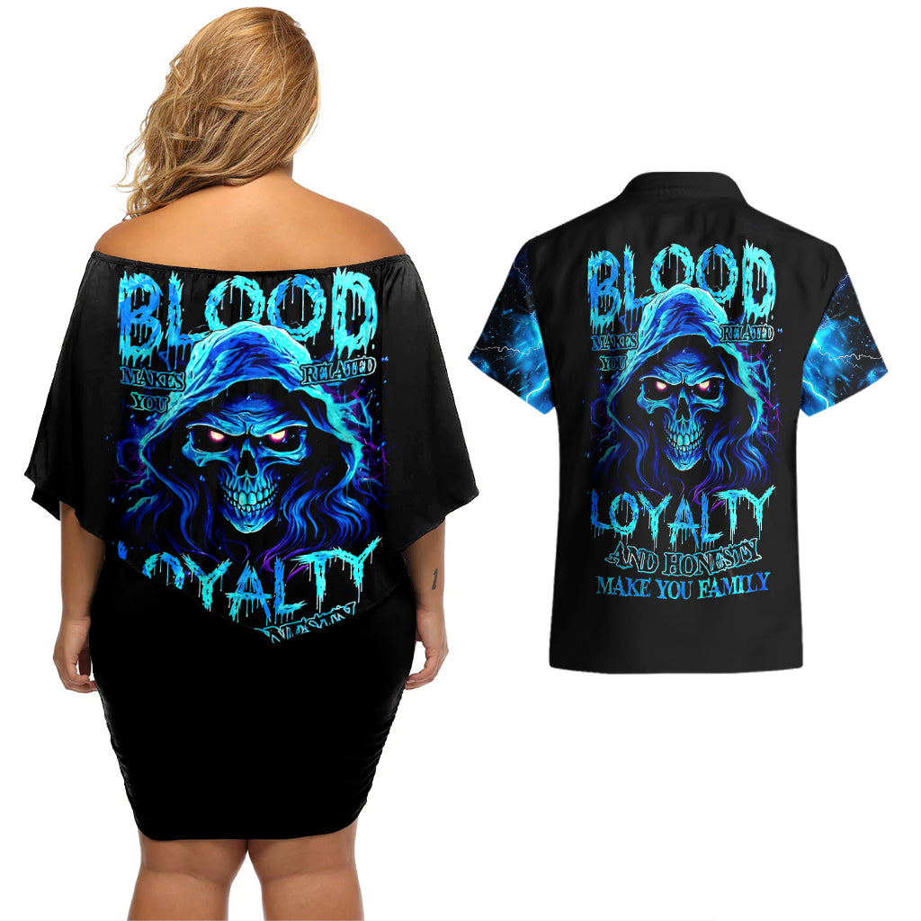 Blue Flame Skull Couples Matching Off Shoulder Short Dress and Hawaiian Shirt Blood Make You Related - Wonder Print Shop