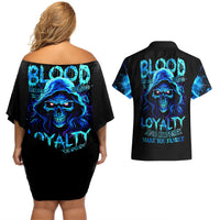 Blue Flame Skull Couples Matching Off Shoulder Short Dress and Hawaiian Shirt Blood Make You Related - Wonder Print Shop
