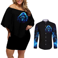 Blue Flame Skull Couples Matching Off Shoulder Short Dress and Long Sleeve Button Shirts Blood Make You Related - Wonder Print Shop
