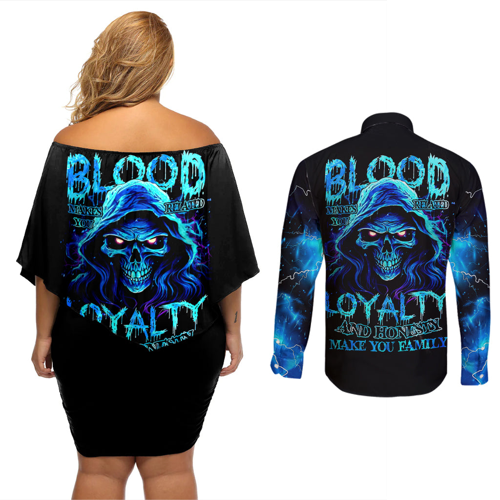 Blue Flame Skull Couples Matching Off Shoulder Short Dress and Long Sleeve Button Shirts Blood Make You Related - Wonder Print Shop
