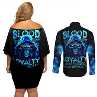 Blue Flame Skull Couples Matching Off Shoulder Short Dress and Long Sleeve Button Shirts Blood Make You Related - Wonder Print Shop