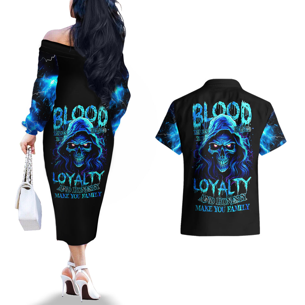 Blue Flame Skull Couples Matching Off The Shoulder Long Sleeve Dress and Hawaiian Shirt Blood Make You Related - Wonder Print Shop