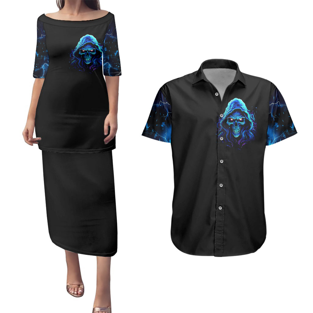 Blue Flame Skull Couples Matching Puletasi Dress and Hawaiian Shirt Blood Make You Related - Wonder Print Shop