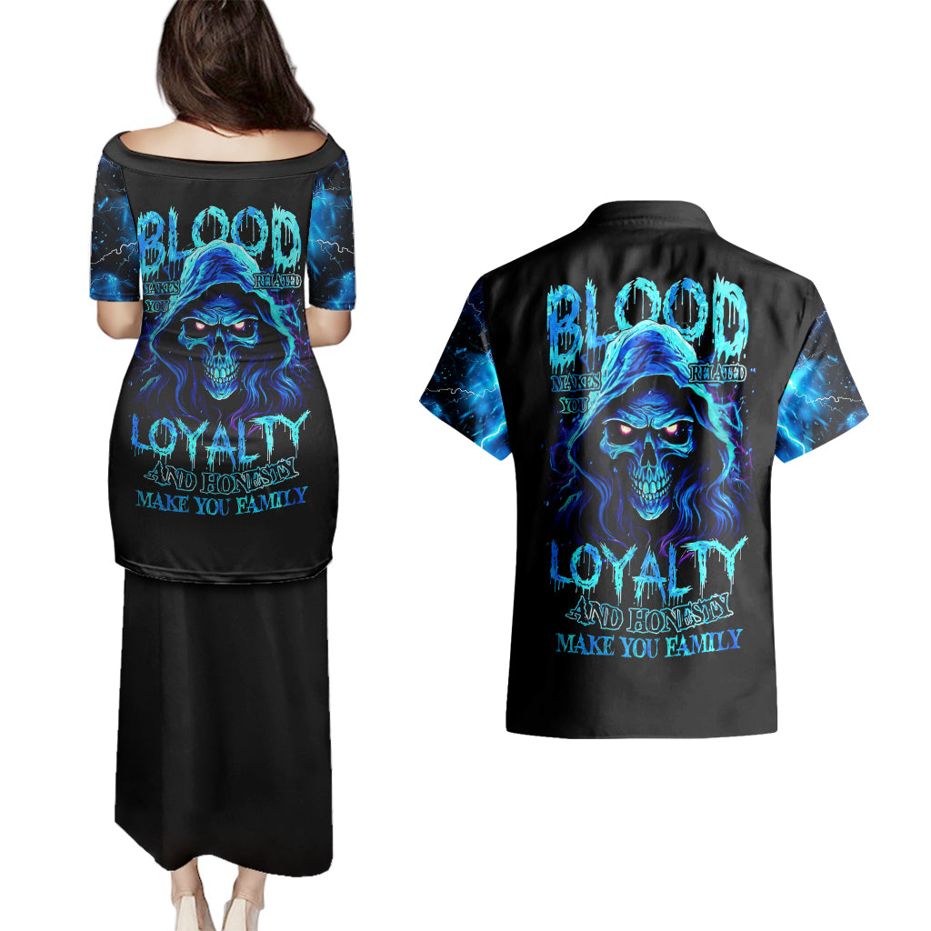 Blue Flame Skull Couples Matching Puletasi Dress and Hawaiian Shirt Blood Make You Related - Wonder Print Shop