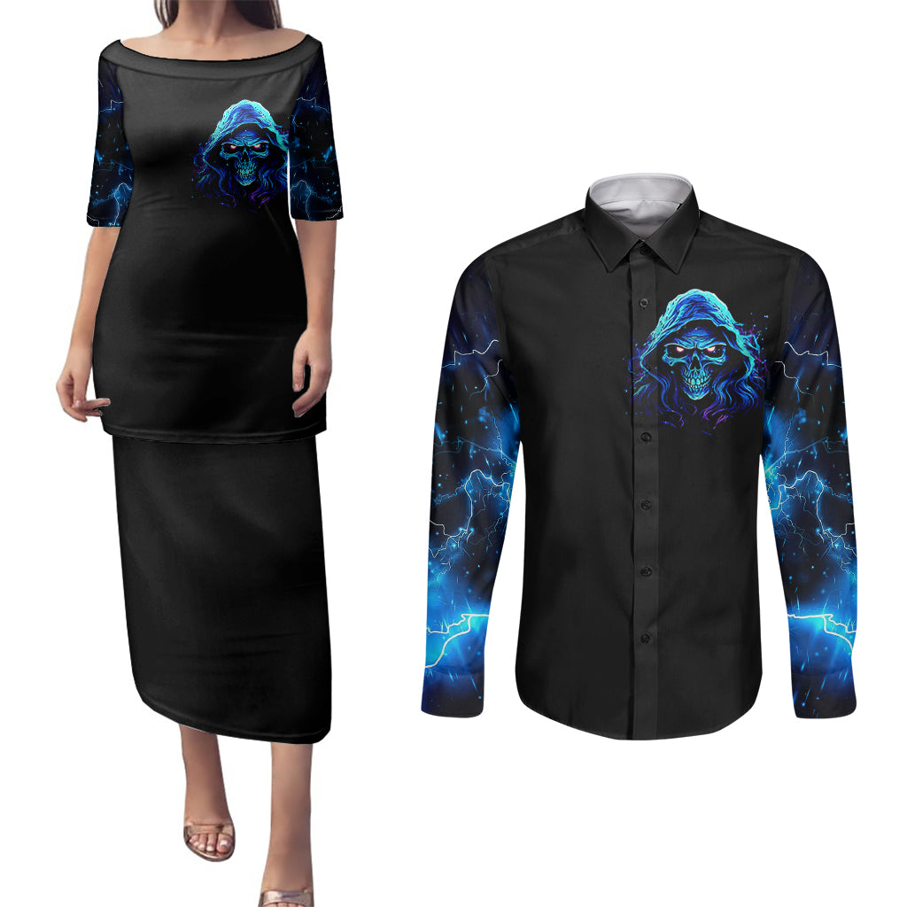 Blue Flame Skull Couples Matching Puletasi Dress and Long Sleeve Button Shirts Blood Make You Related - Wonder Print Shop