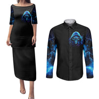 Blue Flame Skull Couples Matching Puletasi Dress and Long Sleeve Button Shirts Blood Make You Related - Wonder Print Shop