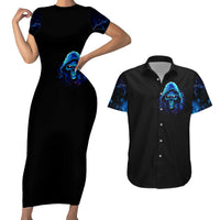Blue Flame Skull Couples Matching Short Sleeve Bodycon Dress and Hawaiian Shirt Blood Make You Related - Wonder Print Shop