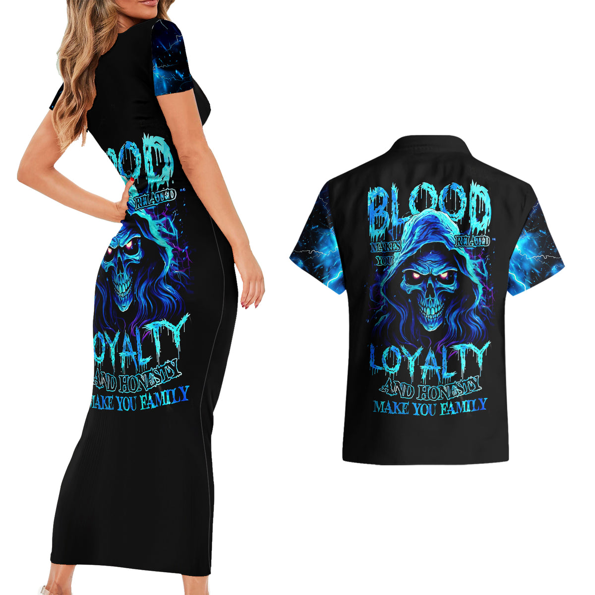 Blue Flame Skull Couples Matching Short Sleeve Bodycon Dress and Hawaiian Shirt Blood Make You Related - Wonder Print Shop