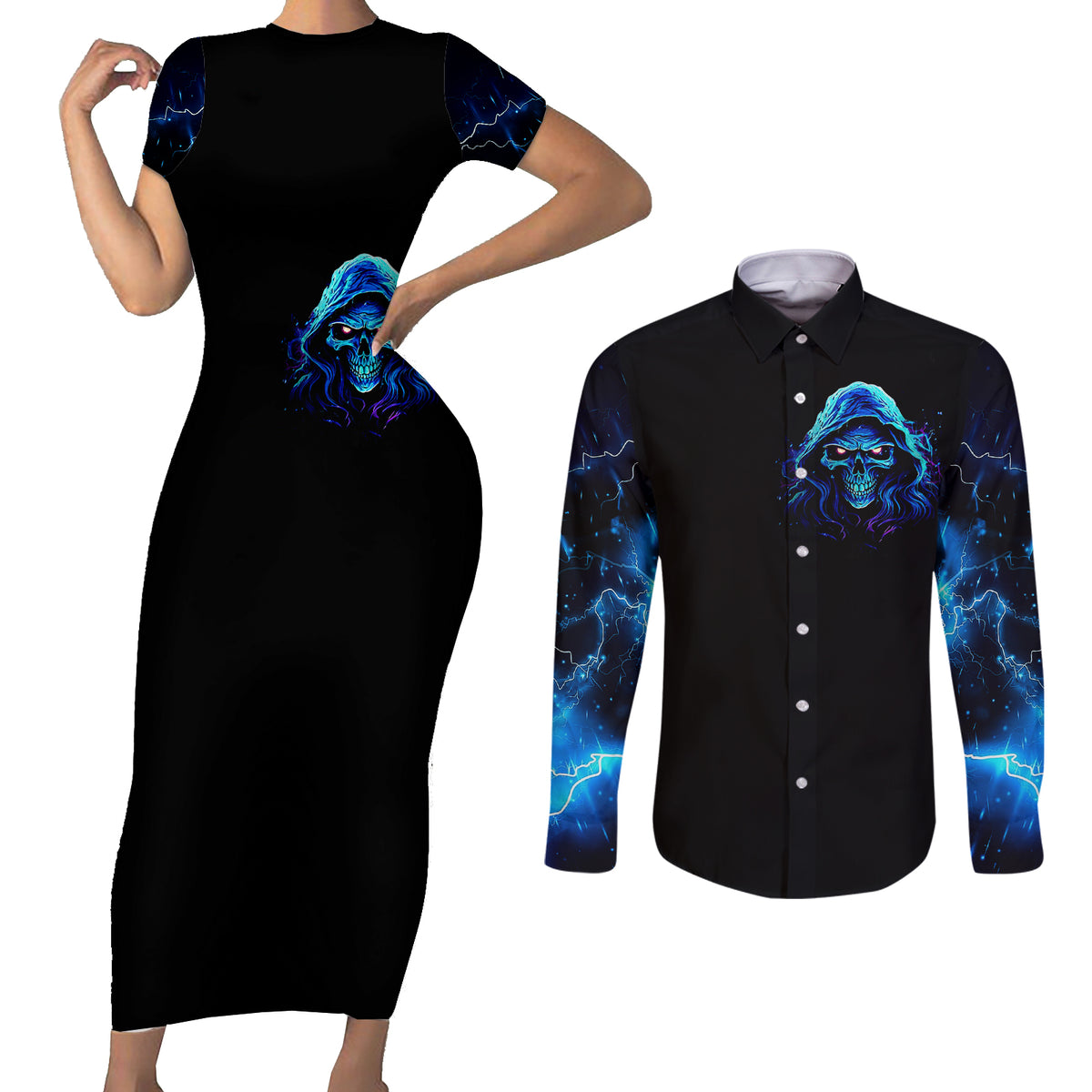 Blue Flame Skull Couples Matching Short Sleeve Bodycon Dress and Long Sleeve Button Shirts Blood Make You Related - Wonder Print Shop