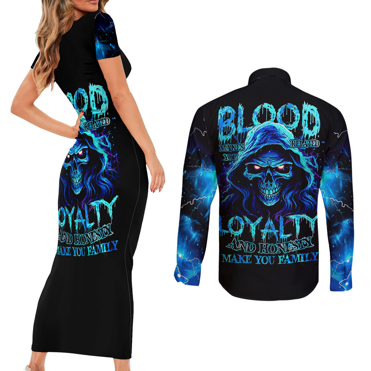 Blue Flame Skull Couples Matching Short Sleeve Bodycon Dress and Long Sleeve Button Shirts Blood Make You Related - Wonder Print Shop