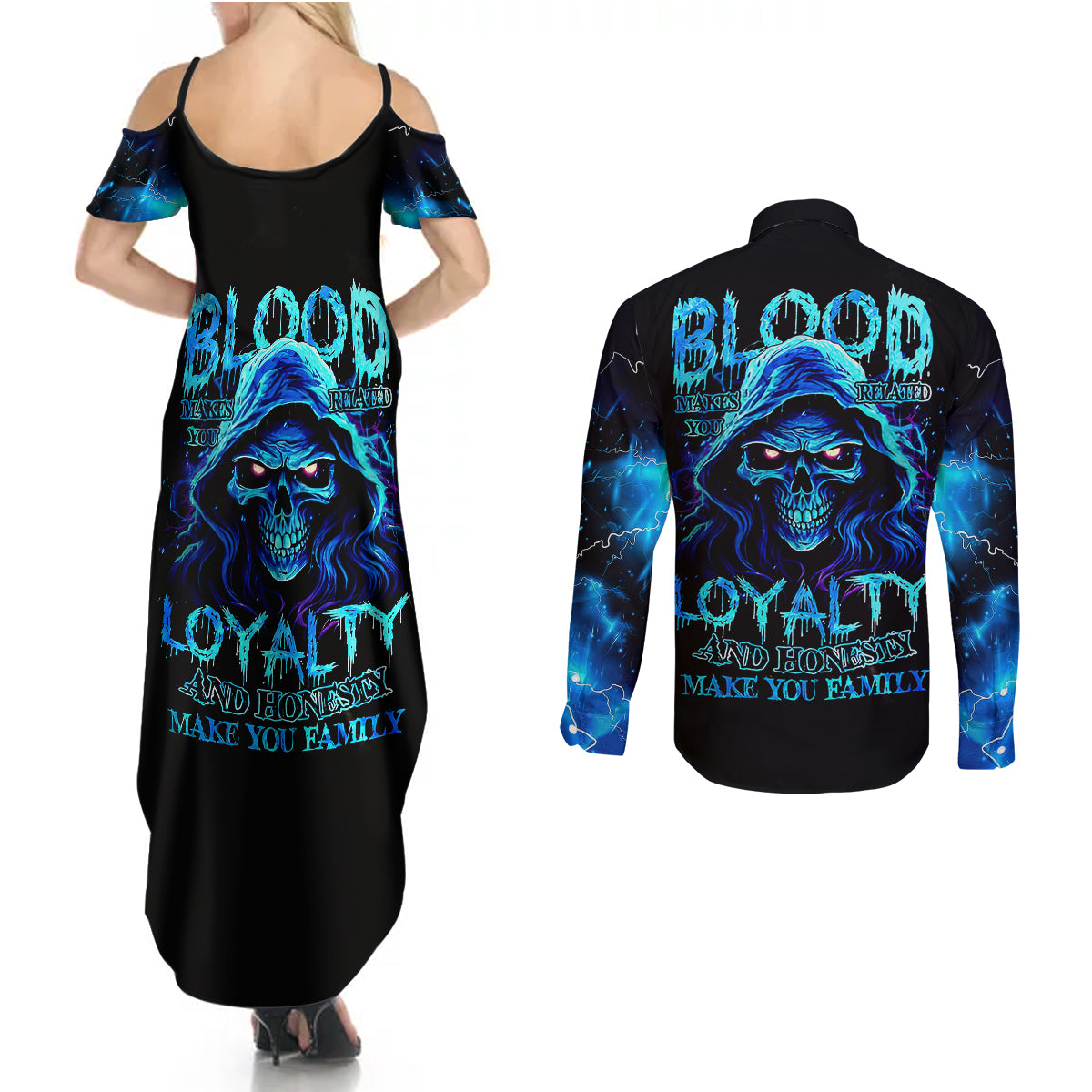 Blue Flame Skull Couples Matching Summer Maxi Dress and Long Sleeve Button Shirts Blood Make You Related - Wonder Print Shop