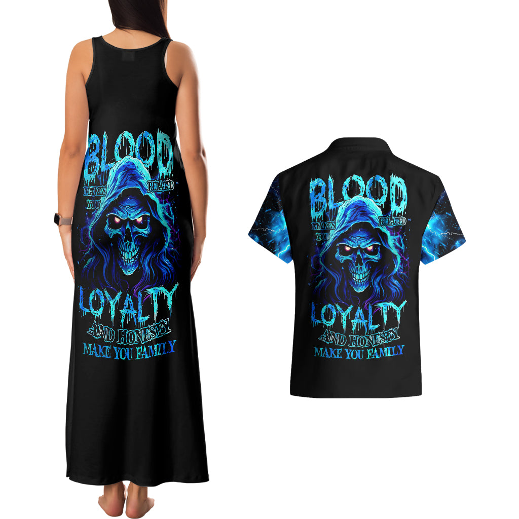 Blue Flame Skull Couples Matching Tank Maxi Dress and Hawaiian Shirt Blood Make You Related - Wonder Print Shop