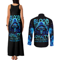 Blue Flame Skull Couples Matching Tank Maxi Dress and Long Sleeve Button Shirts Blood Make You Related - Wonder Print Shop