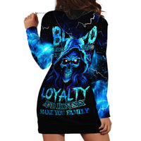 Black hoodie dress with blue skull flame graphic on back, hood, long sleeves