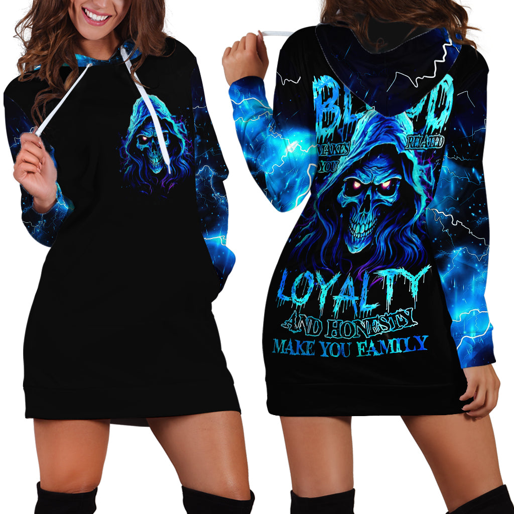 Black hoodie dress with large blue skull graphic and text, kangaroo pocket, long sleeves