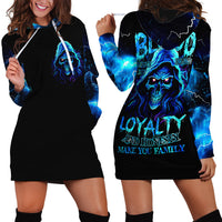 Black hoodie dress with large blue skull graphic and text, kangaroo pocket, long sleeves
