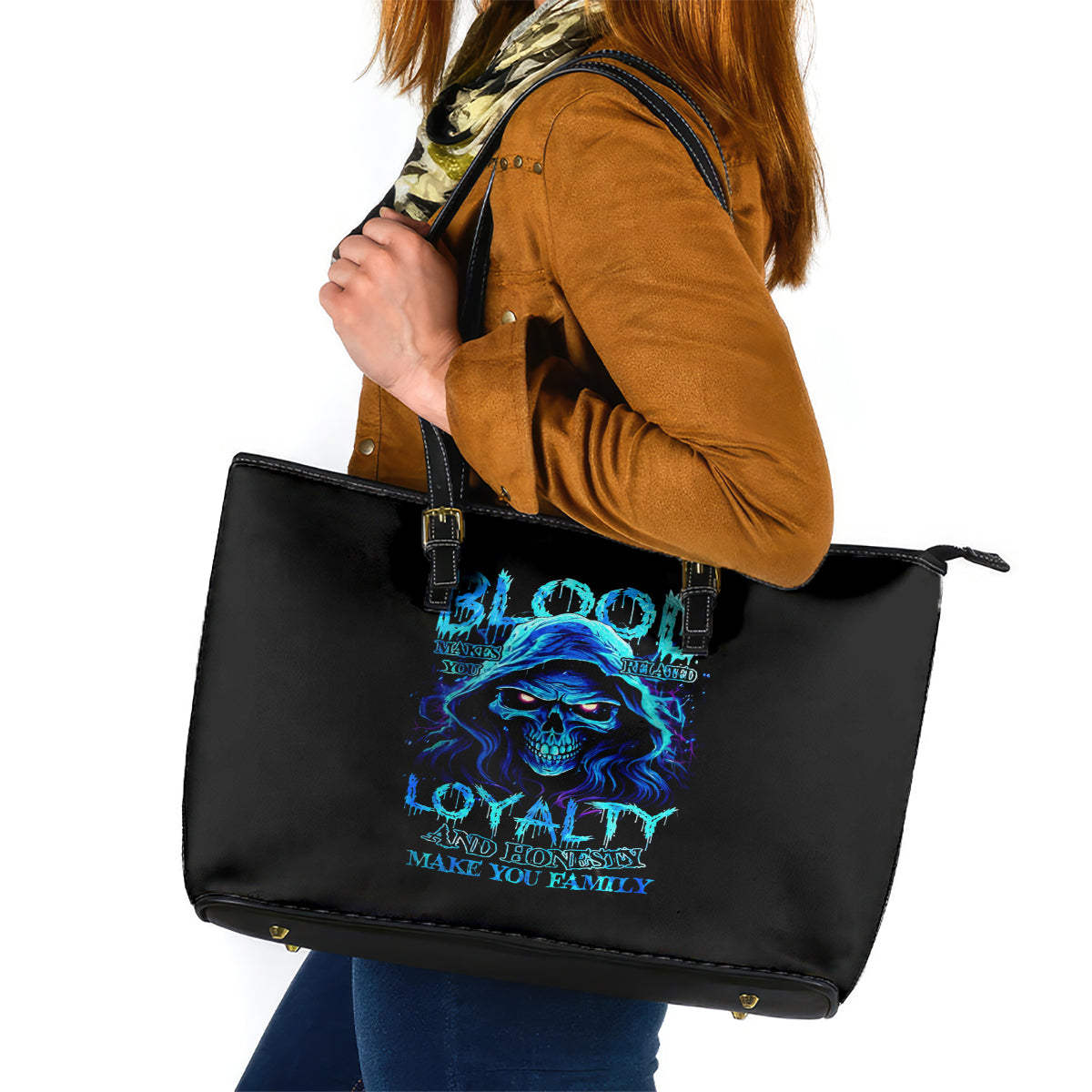 Blue Flame Skull Leather Tote Bag Blood Make You Related - Wonder Print Shop