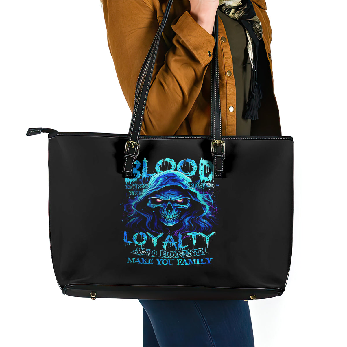 Blue Flame Skull Leather Tote Bag Blood Make You Related - Wonder Print Shop