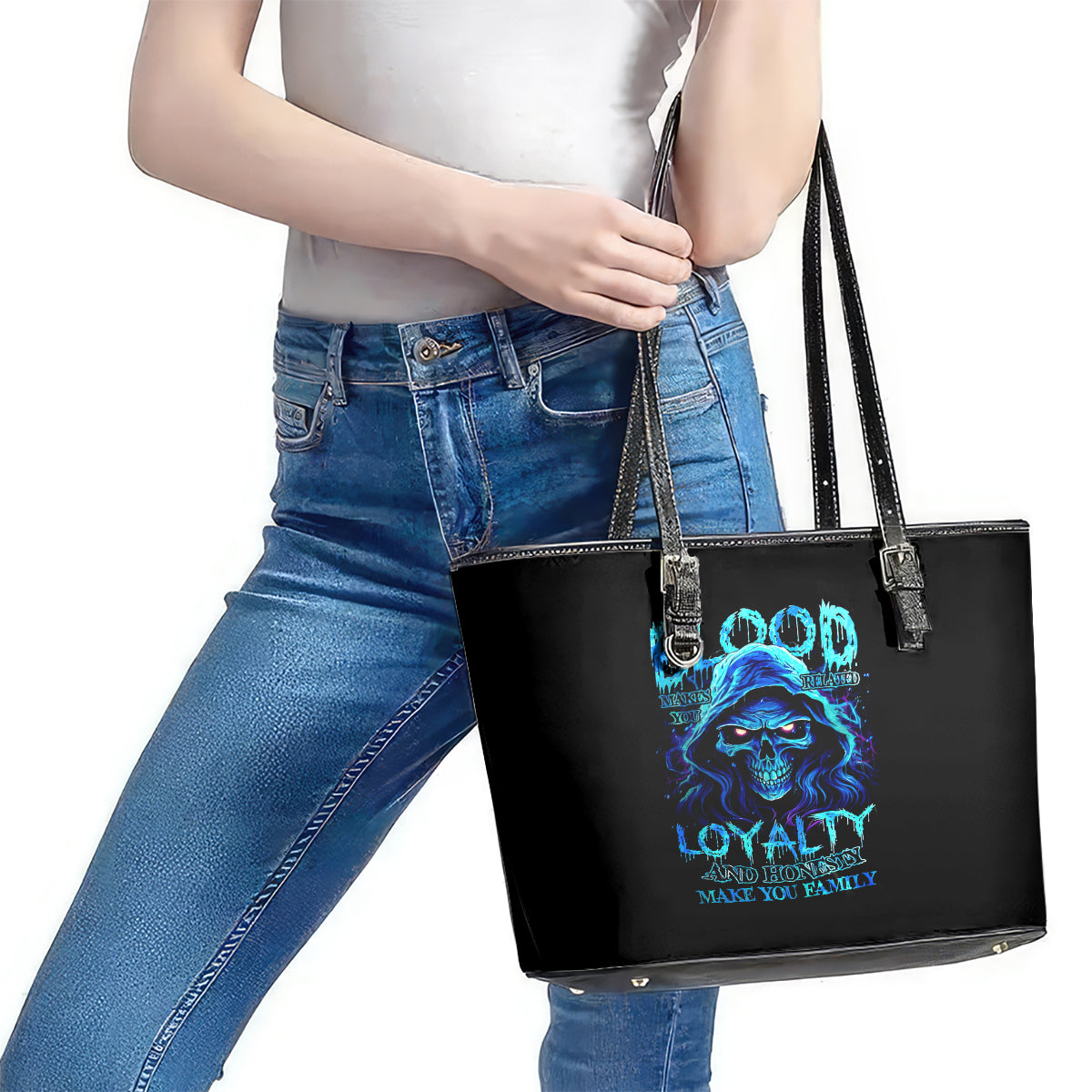 Blue Flame Skull Leather Tote Bag Blood Make You Related - Wonder Print Shop